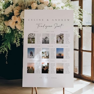 Foto Hochzeit Sitzplan Vorlage, Modernes Sitzplan Schild, Foto Tischnummern Sitzplan, Hochzeitsdeko - Celine