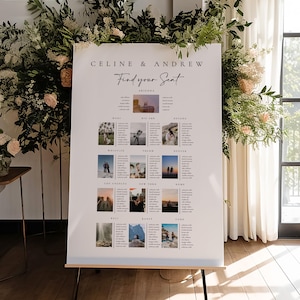 Benutzerdefinierte Hochzeitssitzplanvorlage mit Kopftisch, bearbeitbarer Reisefoto-Sitzplan, Zielhochzeitsbild-Sitzplan - Celine