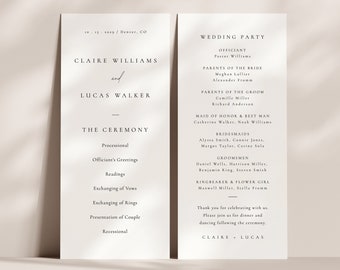 Minimalist Wedding Program Template, Wedding Ceremony Program, Order Of Service Program, Wedding Agenda Card, Editable Program Card - Claire