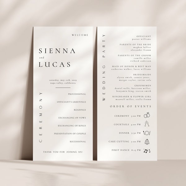 Minimalist Wedding Program Template, Order Of Events Program, Timeline Wedding Program, Marriage Program, Ceremony Program Timeline - Sienna