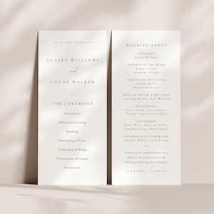 Plantilla de programa de boda minimalista, programa de ceremonia de boda, programa de orden del servicio, tarjeta de agenda de boda, tarjeta de programa editable - Claire