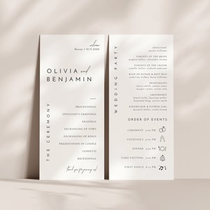 Plantilla de programa de boda minimalista, cronograma de ceremonia de boda, orden de servicio, servicio religioso, plantilla de cronograma de programa de ceremonia - Liv