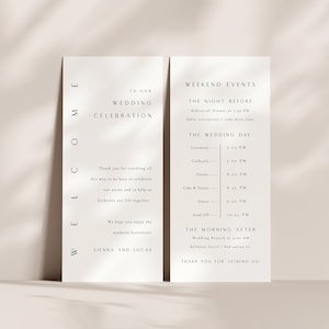 Plantilla de tarjeta de itinerario de boda, cartel de orden de eventos, tarjeta de agenda de boda, tarjeta de programa de evento de itinerario de fin de semana de boda imprimible - Sienna