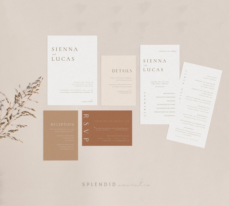 Minimalist Wedding Invitation Suite, Bohemain Printable Wedding Invitation Set, Rust Gold Wedding Invitation Template Download Sienna image 1