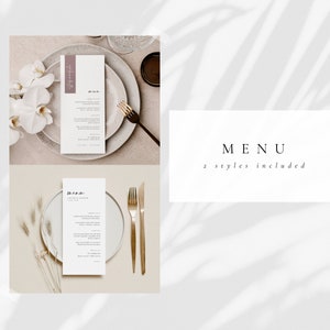 May include: Two printable wedding menu templates with the text "MENU" and "2 styles included". The menus are displayed on a table setting with white plates, gold silverware, and white flowers.