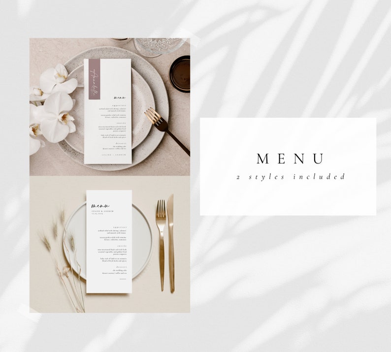 May include: Two printable wedding menu templates with the text "MENU" and "2 styles included". The menus are displayed on a table setting with white plates, gold silverware, and white flowers.