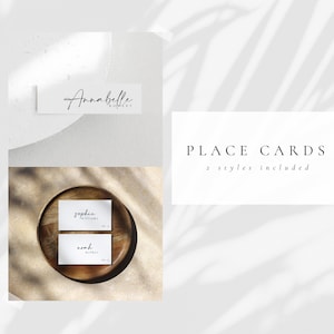 May include: Two styles of place cards, one with a simple handwritten name and the other with a more formal name and table number. The text on the card reads "PLACE CARDS 2 styles included".