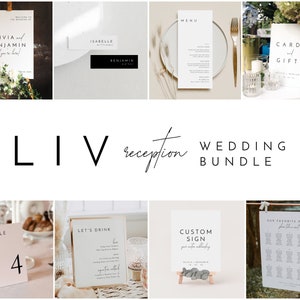May include: A wedding reception printable bundle with a white background and black text. The bundle includes a welcome sign, table numbers, a seating chart, a drinks menu, a custom sign, and a cards and gifts sign.