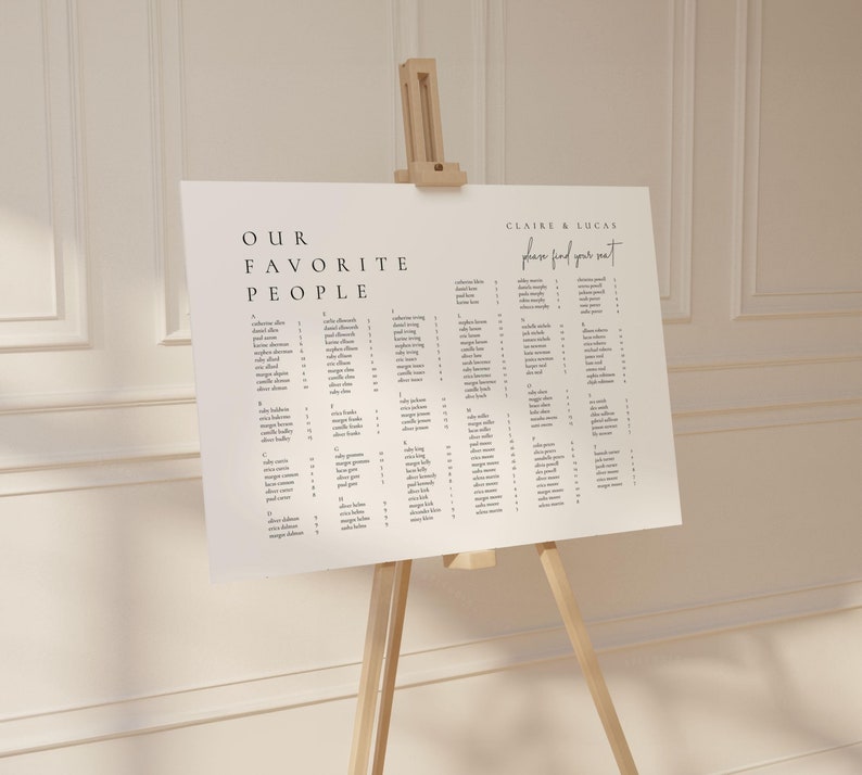 Alphabetical Wedding Seating Chart Template, Landscape Wedding Seating