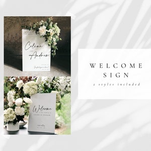 May include: Two welcome sign templates for a wedding. The first sign is white with black calligraphy text that says "Welcome to the wedding of Celine & Andrew" and the second sign is white with black calligraphy text that says "Welcome to the wedding of Celine & Andrew" with the date below. Both signs are displayed with white flowers.
