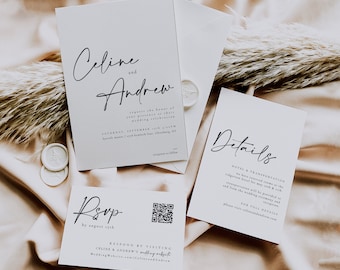 Minimal Wedding Invitation Suite Template, Modern Wedding Invitation Template, Modern Invitation Template with QR Code Printable - Celine