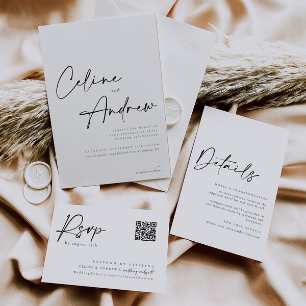 Minimal Wedding Invitation Suite Template, Modern Wedding Invitation Template, Modern Invitation Template with QR Code Printable - Celine