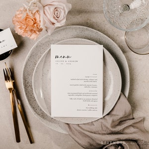 Moderne bruiloftsmenusjabloon, bewerkbare bruiloftsmenukaart, receptiemenukaart, receptie diner Cursussenmenu, repetitiedinermenu - Celine