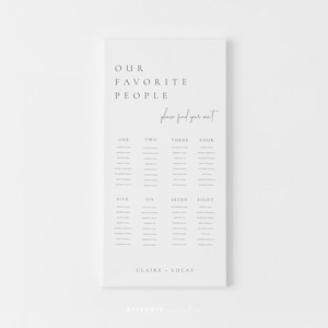 May include: A white seating chart with the text "OUR FAVORITE PEOPLE" and "please find your seat" in black. The chart lists names under the numbers one through eight.