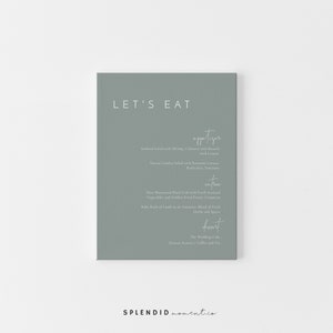 May include: A light blue menu card with the text "LET'S EAT" in white. The menu lists appetizers, entrees, and desserts. The bottom of the card has the text "SPLENDID moment.co" in white.