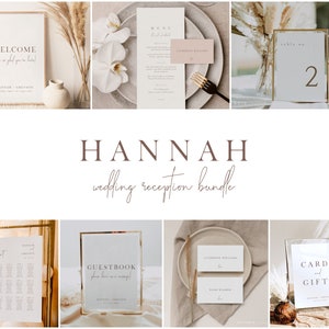 May include: A collection of wedding reception stationery items, including welcome signs, menus, table numbers, guestbook, seating chart, and cards and gifts signs. The items feature a minimalist design with neutral colors and elegant typography. The text "HANNAH wedding reception bundle" is also visible.