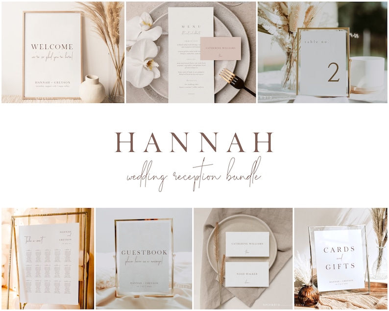 May include: A collection of wedding reception stationery items, including welcome signs, menus, table numbers, guestbook, seating chart, and cards and gifts signs. The items feature a minimalist design with neutral colors and elegant typography. The text "HANNAH wedding reception bundle" is also visible.