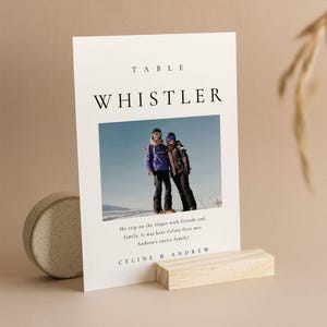 May include: A white table card with black text that reads "TABLE WHISTLER". A photo of two people in winter clothing on a ski slope is below the text. The text below the photo reads "Ski trip on the slopes with friends and family. It was here Celine first met Andrew's entire family!" and "CELINE & ANDREW".