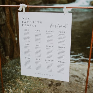 Modelo de gráfico de assentos editável, modelo de gráfico de assentos para casamento moderno, nossas pessoas favoritas, gráfico de assentos para casamento - Claire