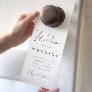 Modello per appendino porta matrimonio, benvenuto nel nostro biglietto da appendere alla porta matrimonio, biglietto da appendere alla porta dell'hotel, biglietto di benvenuto matrimonio minimalista - Audrey