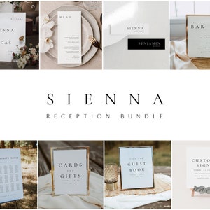 Ensemble de modèles de pancartes de mariage minimalistes, marque-places, plaque de bienvenue, menu de mariage, enseigne de bar, plan de salle, plaque de réception - Terre de Sienne