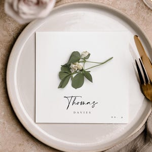 Modèle de marque-place pour mariage floral, marque-place avec logo monogramme mariage, cartes de visite fleurs pressées, carte de visite de réception minimaliste - Céline