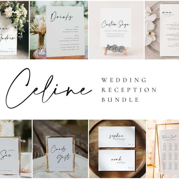 Modern Wedding Reception Bundle, Editable Wedding Sign Template Set, Reception Wedding Kit, Welcome Sign Seating Chart Bar Sign - CELINE