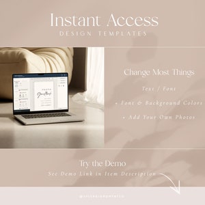 May include: A laptop computer displaying a mockup of a photo booth sign with the text "Photo Guestbook". The laptop is on a light brown surface. The text "Instant Access Design Templates" is at the top of the image. The text "Change Most Things Text / Font Font & Background Colors Add Your Own Photos" is on the right side of the image. The text "Try the Demo See Demo Link in Item Description @SPLENDIDMOMENTCO" is at the bottom of the image.