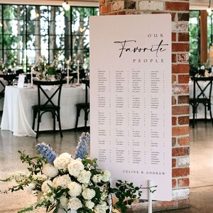 May include: A white wedding seating chart with the text "Our Favorite People" and "Celine & Andrew" at the bottom. The chart is displayed on a stand in front of a brick wall.
