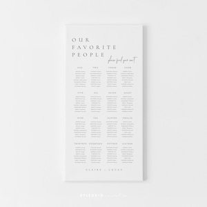 May include: A black and white wedding seating chart with the text "Our Favorite People" and "Please find your seat". The chart lists names under numbers one through sixteen, with the names "Claire" and "Lucas" at the bottom.