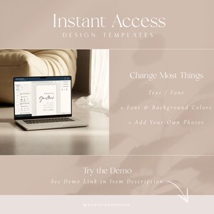 Puede incluir: Un ordenador port&aacute;til que muestra una maqueta de un cartel de cabina de fotos con el texto "Photo Guestbook". El port&aacute;til est&aacute; sobre una superficie marr&oacute;n claro. El texto "Instant Access Design Templates" est&aacute; en la parte superior de la imagen. El texto "Change Most Things Text / Font Font & Background Colors Add Your Own Photos" est&aacute; en el lado derecho de la imagen. El texto "Try the Demo See Demo Link in Item Description @SPLENDIDMOMENTCO" est&aacute; en la parte inferior de la imagen.