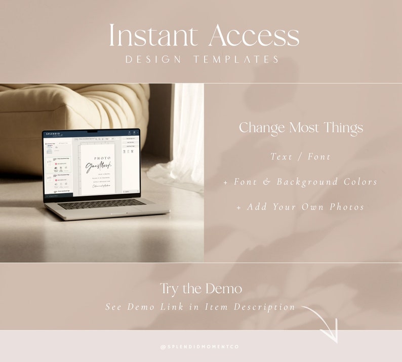 Puede incluir: Un ordenador port&aacute;til que muestra una maqueta de un cartel de cabina de fotos con el texto "Photo Guestbook". El port&aacute;til est&aacute; sobre una superficie marr&oacute;n claro. El texto "Instant Access Design Templates" est&aacute; en la parte superior de la imagen. El texto "Change Most Things Text / Font Font & Background Colors Add Your Own Photos" est&aacute; en el lado derecho de la imagen. El texto "Try the Demo See Demo Link in Item Description @SPLENDIDMOMENTCO" est&aacute; en la parte inferior de la imagen.