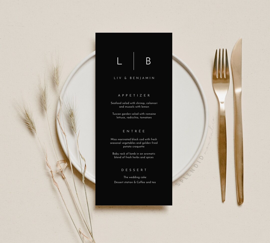 Black Wedding Menu Card Template, Black Menu Template, Wedding Logo