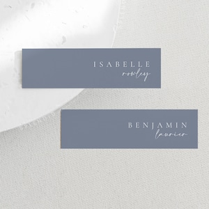 Blaue Hochzeits-Tischkartenvorlage, kundenspezifische Hochzeit-Namenskarten, staubige blaue Tischkarten, kleine dünne Tischkarten, druckbare Geschenkanhänger - Celine