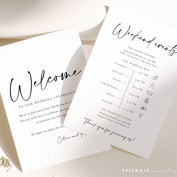 Modern Wedding Itinerary Timeline Card Template, Printable Wedding Events Card, Editable Minimal Wedding Weekend Itinerary Template - Celine