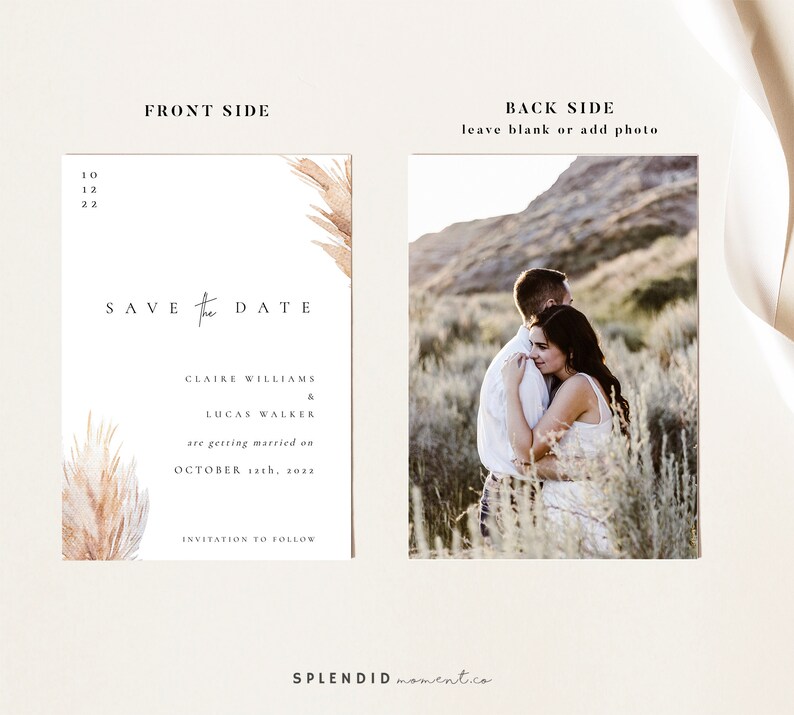 Pampas Grass Save the Date Template, Elegant Modern Wedding Save the Date Card, Bohemian Wedding Save the Date Template Claire image 3