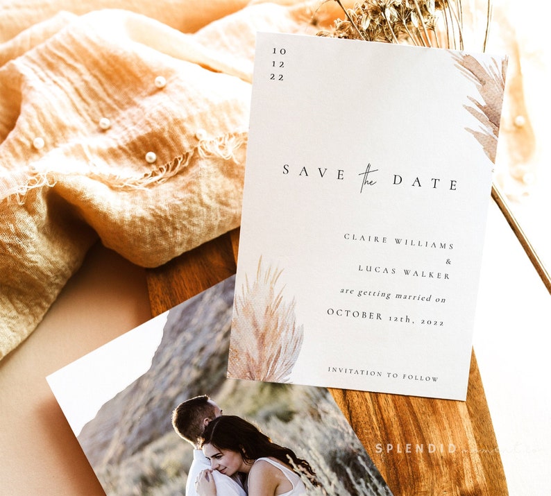 Pampas Grass Save the Date Template, Elegant Modern Wedding Save the Date Card, Bohemian Wedding Save the Date Template Claire image 1