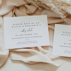 Puede incluir: Dos tarjetas RSVP blancas con texto negro. La tarjeta superior dice "Por favor, responde a la invitaci&oacute;n antes del 15 de septiembre. Sitio web de la boda de Olivia y Benjamin: Weddingwebsite.com/oliviaandbenjamin. Por favor, contacta con Catherine si tienes alguna pregunta al 555 083 5820."