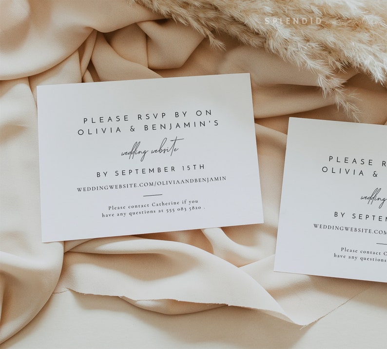 Puede incluir: Dos tarjetas RSVP blancas con texto negro. La tarjeta superior dice "Por favor, responde a la invitaci&oacute;n antes del 15 de septiembre. Sitio web de la boda de Olivia y Benjamin: Weddingwebsite.com/oliviaandbenjamin. Por favor, contacta con Catherine si tienes alguna pregunta al 555 083 5820."