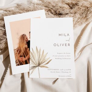 Palmenblatt Boho Hochzeitseinladung Vorlage, Wüstenpalmblatt Hochzeitseinladung Vorlage Download, Boho Hochzeitseinladungskarte - Mila