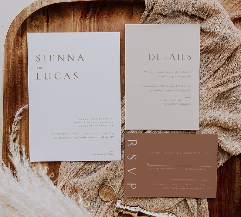 Minimalistische Hochzeitseinladungs-Suite, druckbares Bohemain-Hochzeitseinladungsset, Rostgold-Hochzeitseinladungsvorlage herunterladen Sienna Bild 2