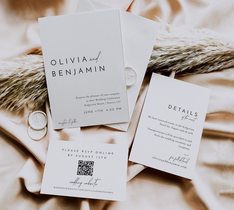 Minimalist Invitation Suite Template, Editable Invitation with QR Code RSVP