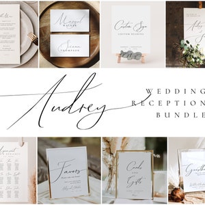 Puede incluir: Un conjunto de carteles de recepción de boda imprimibles con un diseño minimalista. Los carteles incluyen un cartel de bienvenida, un plano de asientos, un cartel de favores, un cartel de tarjetas y regalos y un cartel de libro de visitas. Los carteles son todos blancos con texto de caligrafía negra.