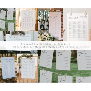 May include: A set of printable wedding seating chart templates with a modern calligraphy font. The templates are designed to be printed on white cardstock and displayed on easels or stands. The templates include a standard seating chart, as well as numbered tables for guests to find their assigned tables.