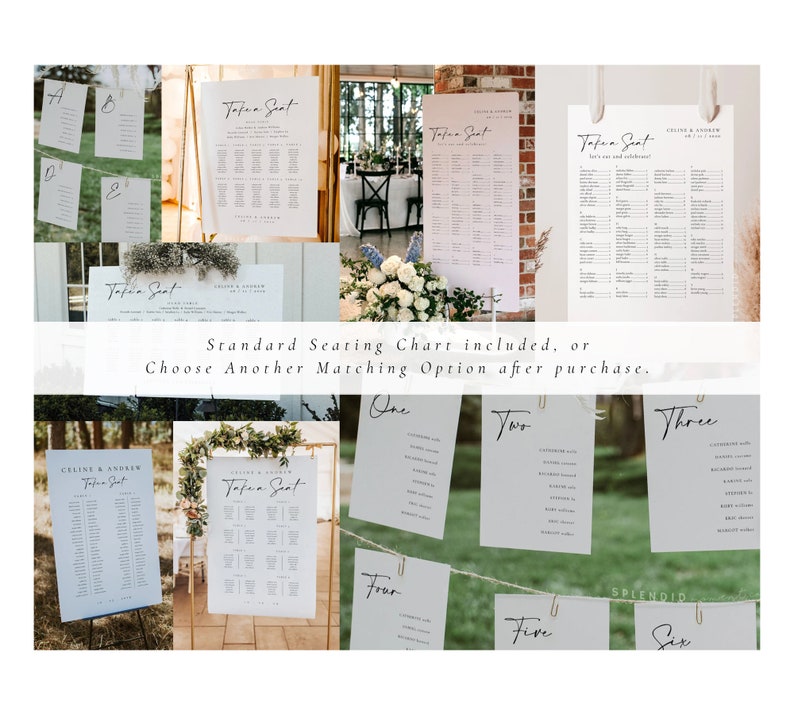 May include: A set of printable wedding seating chart templates with a modern calligraphy font. The templates are designed to be printed on white cardstock and displayed on easels or stands. The templates include a standard seating chart, as well as numbered tables for guests to find their assigned tables.