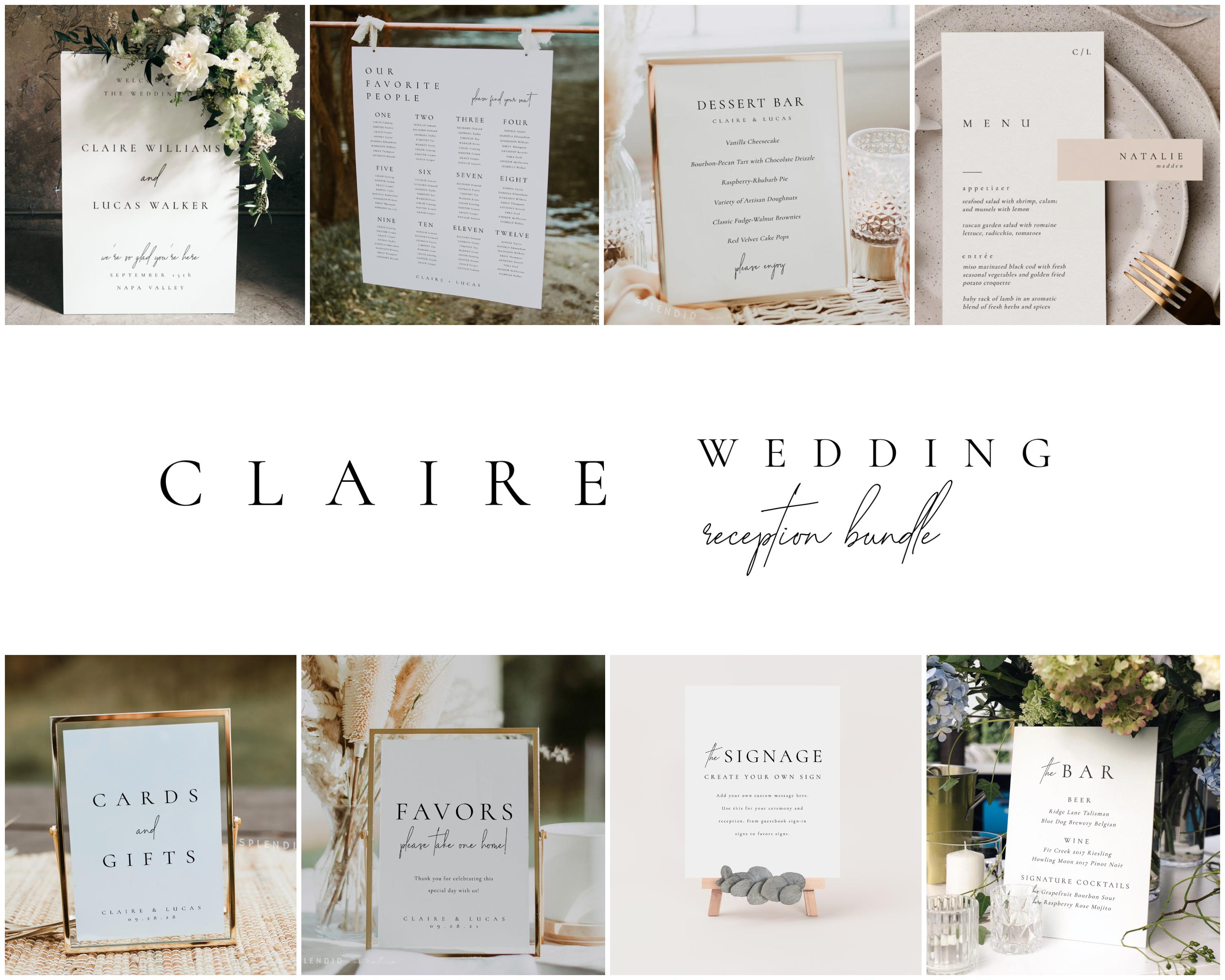Modernes Hochzeitsfeier-Bundle, bearbeitbares Hochzeitsschild-Vorlagenset, Hochzeits-Empfangs-Bundle-Hochzeitskit, Willkommensschild-Sitzplanmenü - CLAIRE