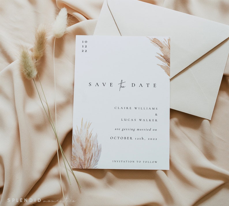 Pampas Grass Save the Date Template, Elegant Modern Wedding Save the Date Card, Bohemian Wedding Save the Date Template Claire image 2