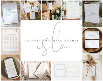 May include: A collection of printable wedding stationery templates in a minimalist style. The templates include a welcome sign, seating chart, drinks menu, and place cards. The text on the templates is in a simple, elegant font.