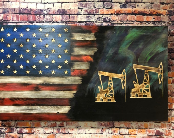 Wood flag/wood sign/Pumpjack/oilfield decor/northern lights/oilfield gifts/American flag/wood art/flag art/gifts/mancave/