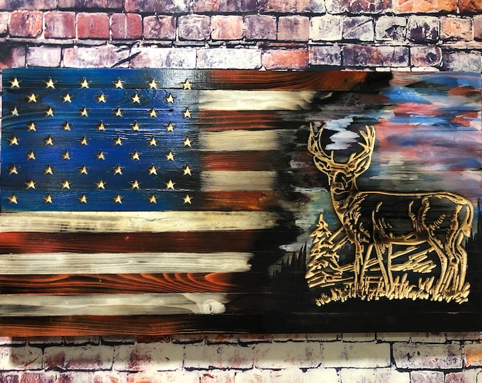 Deer/buck/hunting/wall hanging/wood sign/gifts for him/mancave/home decor/wood flag/American Flag